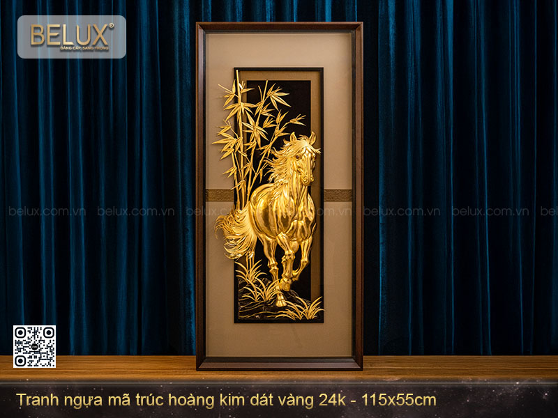 Tranh Ngựa Mã Trúc Hoàng Kim dát vàng 24k 115x55cm